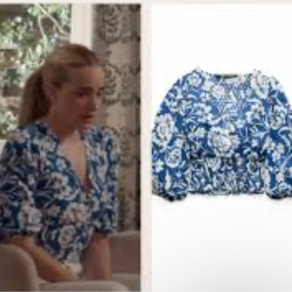 Zara Blue and White Eyelet Floral Blouse with Puff Sleeves - Picture 3 of 7